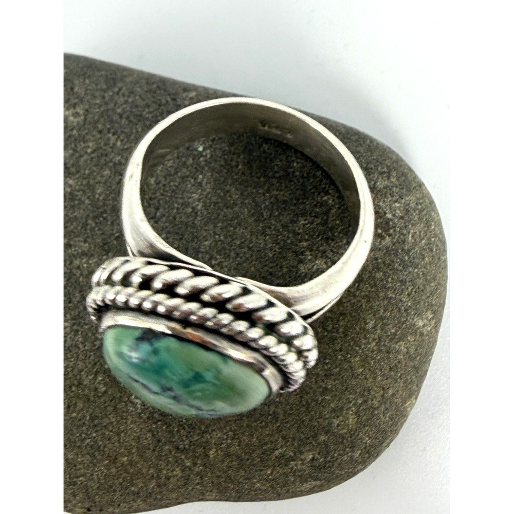 Vintage Green Turquoise Sterling Silver Ring 925 Navajo Rope Border Size 6 - Picture 8 of 10